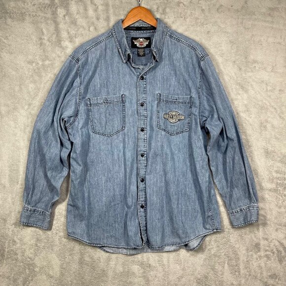 Harley-Davidson Mens XL Denim Button-Up Shirt With Embroidered Logo & V-Twin - Picture 1 of 10